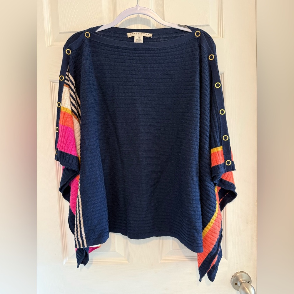 Trina Turk Chic Wrap Merino Wool Sweater Navy Blue Poncho Top Women’s M/L Shrug